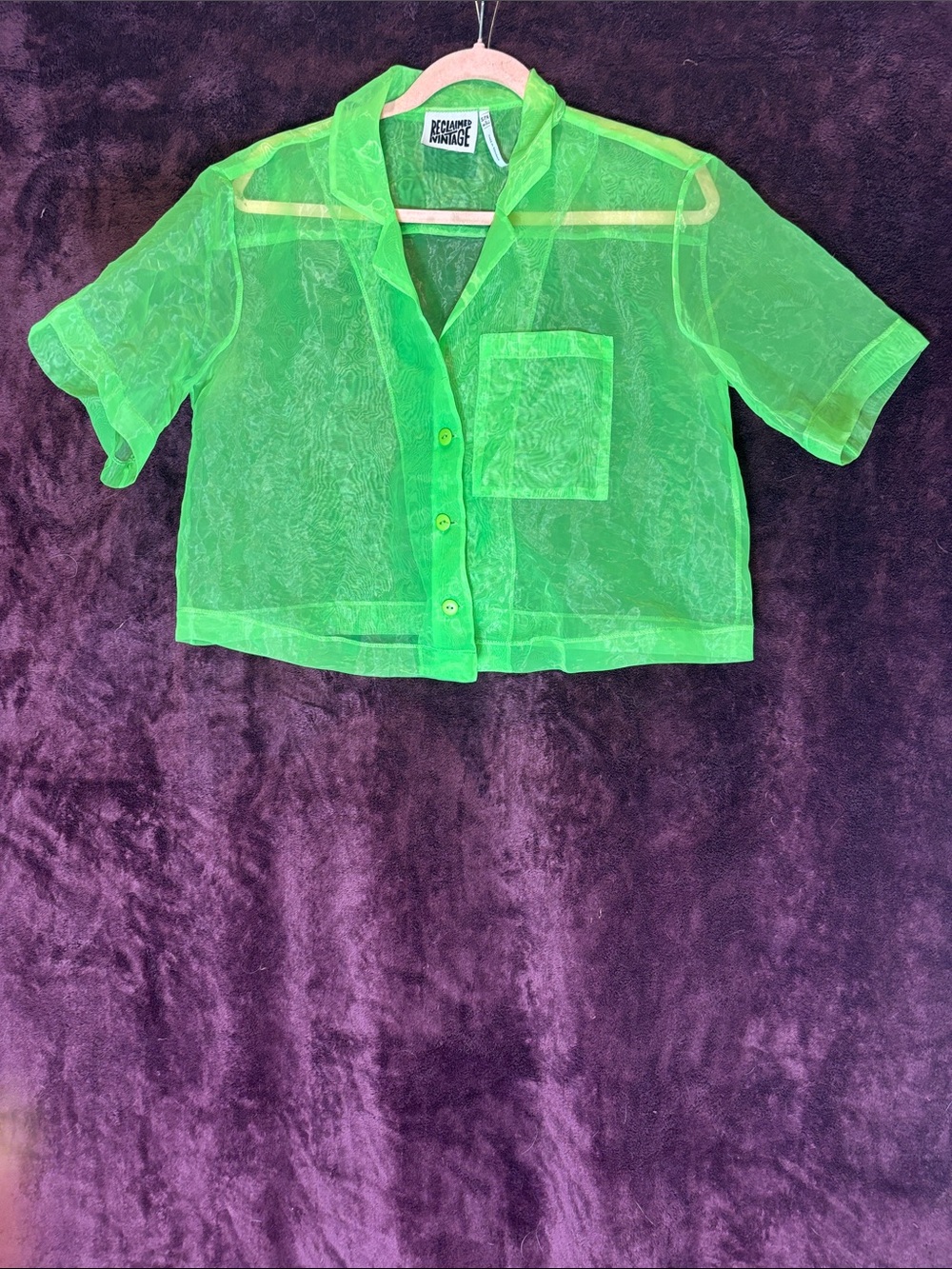 Reclaimed Vintage Neon Green Sheer Button-Up Crop Shirt